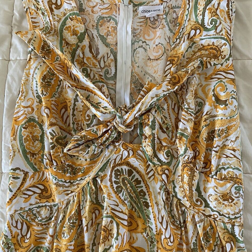 Chloe + Rene Tie V Neck Gold Green Paisley 100% Cotton Maxi Dress Size Small - Picture 8 of 10